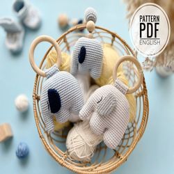 Crochet Elephant rattle/teether, Baby stroller, Pattern, PDF, English, Baby toy, baby shower, Amigurumi