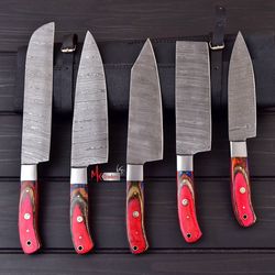 rainbow chef set 5-piece set, kitchen knives, handmade damascus steel kitchen chef knives set, chef gift ,girlfriend gif