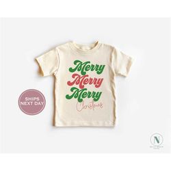 Merry Merry Christmas Toddler Shirt - Retro Christmas Kids Shirt - Cute Christmas Shirt - Vintage Natural Toddler Tee