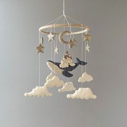 Whale baby mobile for nursery, space mobile, gold stars and moon mobile, castle baby mobile, baby shower gift