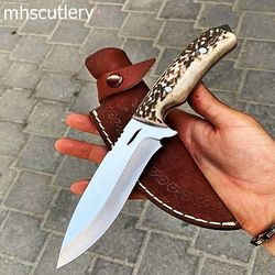 Custom Handmade Stainless Steel Bushcraft Hunting Knife With Antler Handle And Leather Sheath.