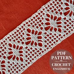 Filet crochet border  pattern for kitchen towel, crochet lace trim for linen, filet edging tablecloth tutorial pdf.