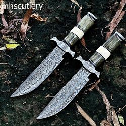 Custom Handmade Damascus Steel Bushcraft Hunting Bowie Knives lot of 2 With Resin Handle And Leather Sheath