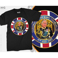 King Charles III T-shirt Union Jack Throne Emblem Keepsake Gold CR III Photo Medal Coronation Celebration Memorabilia Gi