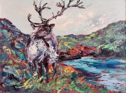 Deer North Lake Mountains Reindeer Original Art Oil Painting Abstract Artist Svinar Oksana