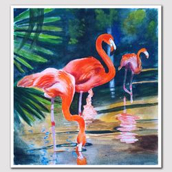 Red flamingos against green tropical foliage Wall Art  Painting Living room interior Bedroom Wall decor