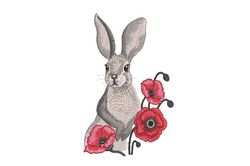 Adorable Bunny and Poppies Embroidery Design - Perfect for Springtime, Cute Animal