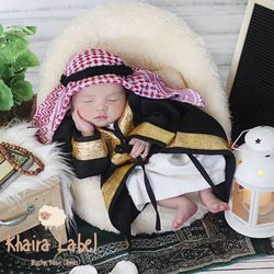 asykar baby boy abaya sets, 0-24 months baby boy arabian dress sets head scarf