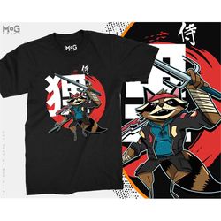 Japanese Raccoon Dog T-shirt Anime Samurai Ninja Avatar Swordsman Otaku Tee Graphic Artwork Manga And Comic Lovers Gift