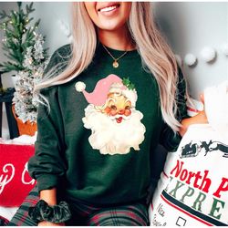 pink christmas santa sweatshirt,retro pink santa hat sweater,classic christmas santa,vintage santa christmas gifts,women