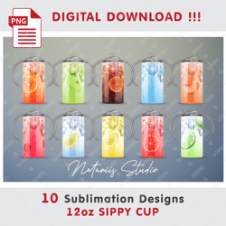 10 Realistic Ice Drinks Sublimation Designs - Seamless Sublimation Patterns - 12oz SIPPY CUP - Full Cup Wrap