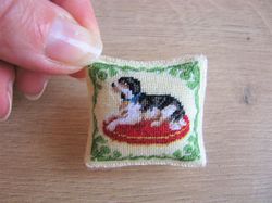Embroidery kit for a miniature pillow for a dollhouse (black dog on a pillow) in 1/12 scale.