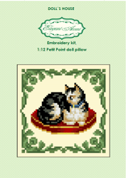 Embroidery kit for a miniature pillow for a dollhouse (cat sitting) in 1/12 scale