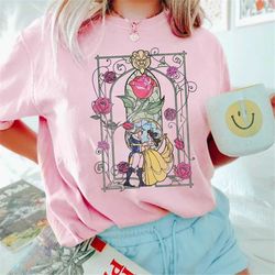Disney Beauty And The Beast Stained Glass Graphic T-Shirt, Magic Kingdom Holiday Unisex T-shirt Family Birthday Gift Adu
