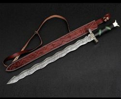 Custom HAND Forged Damascus Steel Viking Sword, Best Quality, Battle Ready Sword with leather heath mk3966m