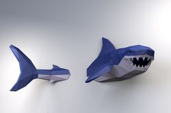 Shark wall decor, Low Poly Shark Model, Create Your Own 3D Papercraft Shark, Origami Shark, Great White Shark, Shark Wee