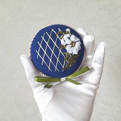 Blue pincushion pillow ribbon embroidery, needle case with embroidered daisy , embroidered pin accessory
