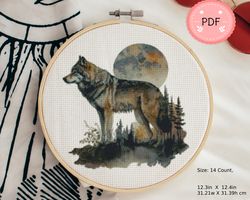 Cross Stitch Pattern ,Pdf Format,Wolf And Moon II , Forest ,Instant Download,Rural Landscape,X Stitch Chart,Watercolor