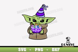 Grogu with Cake and Hat SVG Cut Files for Cricut Birthday Party PNG image The Mandalorian DXF file