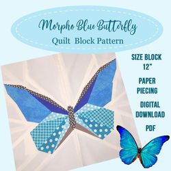 Realistic Blue Morpho Butterfly Quilt Block Pattern, Butterfly Patchwork PDF, Butterfly Foundation Paper Piecing Block