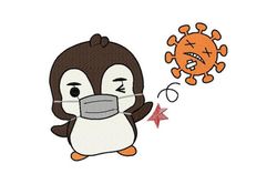 Adorable Penguin Embroidery Design Fights off Viruses, Birds