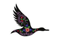 Vintage Flowers and Flying Black Bird Embroidery Design, Birds