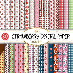 Strawberry Digital Papers | Hand Drawn Design, Seamlessly, Background, Line Art, Wall paper, Doodle Pattern, Fruit