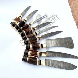 custom handmade damascus steel antler horn chef knives , kitchen knives set gift