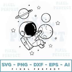 Astronaut with Planet Svg, Galaxy vector for cutting Cosmonaut Svg, Digital file, Planet Earth Saturn instant download