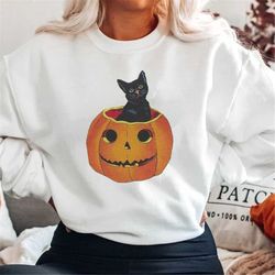 Vintage Halloween Sweatshirt, Black Cat, Cat Sweatshirt, Cat Lover Sweatshirt, Pumpkin Sweatshirt, Retro Fall Sweatshirt