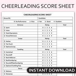 Printable Cheerleading Score Sheet, Cheer Competition Tracker, Squad Performance Rating Log, Cheerleader Scorecard