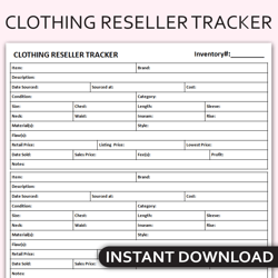 Printable Clothing Reseller Tracker, Inventory Management, Profit & Sales Log, Reselling Business Organizer
