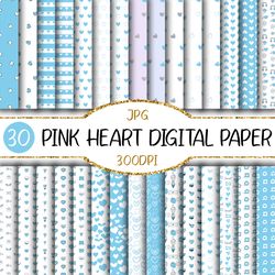 Blue Heart Digital Paper | Hand Drawn Design, Seamless, Background, Wall paper, Doodle Pattern, Stripe, Valentine, Scrap