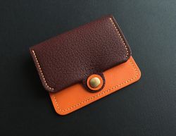 Credit Card Wallet, Simple Wallet, Compact Wallet, Small Wallet, Lady's Leather Wallet, Burgundy & Orange Leather Purse