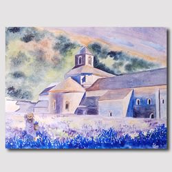 Lavender fields View of the ancient abbey Wall Art  Painting Living room interior Bedroom Wall decor