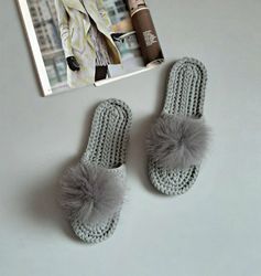 Home slippers with pompon Shoes for women Gray slippers with open toe