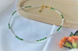 Mint green beaded necklace, Delicate Beaded Necklace. (14K gold filled). Green beaded necklace.