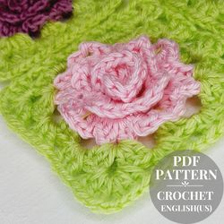 Crochet pattern square for blanket, square Afghan crochet pattern, crochet Granny Square, rose crochet pattern.
