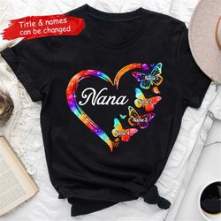 Personalized Grandchildren Grandma Butterfly Heart Shirt, Custom Kids Name Shirt, Gifts for Mom Mother Nana Gigi Shirts,