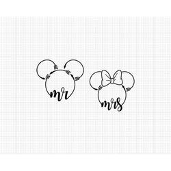 Mr and Mrs, Mickey Minnie Mouse, Ears, Bow, Wedding, Matching, Couple, Svg and Png Formats, Cut, Cricut, Silhouette, Ins