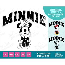 Minnie Varsity Collegiate Letters Distressed Sitting Mouse | SVG Clipart Images Digital Download Sublimation Cricut Cut