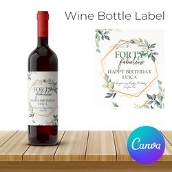 Watercolor Flower Wine Label Template, Party Wine Bottle Label, Birthday Wine Bottle Label printable Instant download