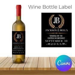 Monogram Wine Label Template, Party Wine Bottle Label, Vintage Birthday Wine Bottle Label printable Instant download