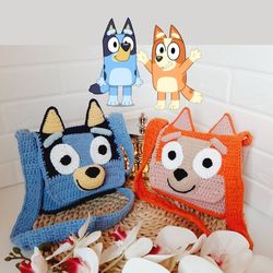 bluey and bingo bag pattern, bingo bag, blu dog, childs shoulder bag, bag crochet pattern, crochet bag pattern, gift
