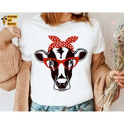 Cow with Bandana and Sunglasses Svg Cow Shirt Svg Heifer Svg, Farm Life Svg Cricut Design for Woman, Lady, Mom, Girl Shi