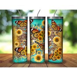 Butterflies Sunflower Tumbler Png, Butterfly Tumbler Wrap PNG Sublimation Designs Sunflowers Downloads Seamless - Skinny