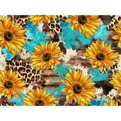western cowhide sunflowers seamless pattern png sublimation design, turquoise sunflower seamless pattern png, leopard se