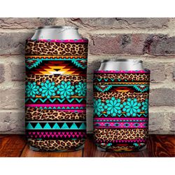 aztec leopard turquoise gemstone can cooler png sublimation design, western can holder, 12 oz. can cooler template, can
