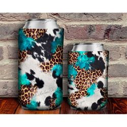 cowhide leopard turquoise can cooler png sublimation design, western can holder, 12 oz. can cooler template,can cooler p