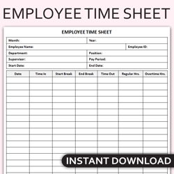 Printable Employee Time Sheet, Time Tracking Log, Attendance Record Log, Work Hours Tracker, Editable Template
